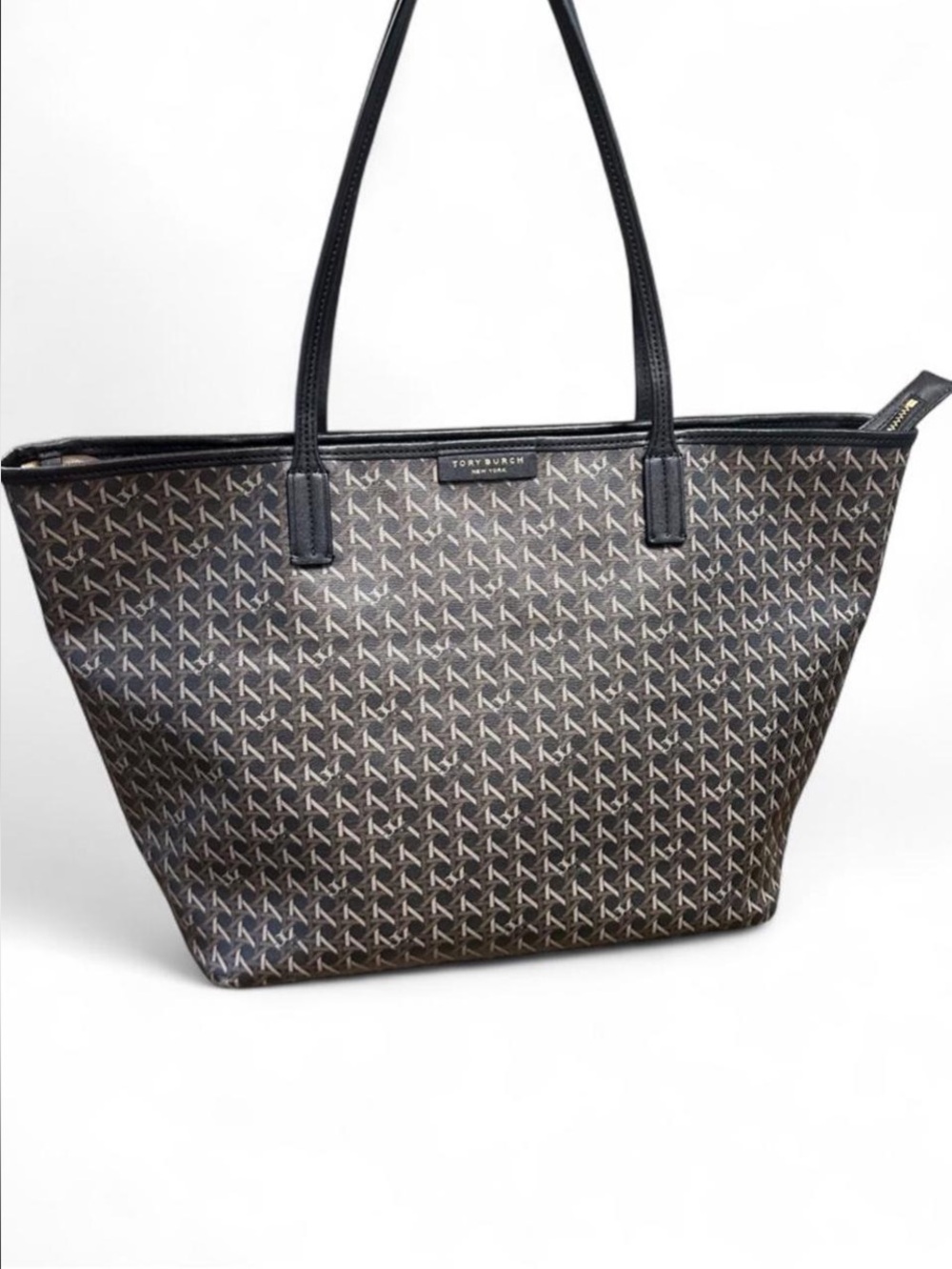 Tory Burch Black and Brown Logo Print Tote